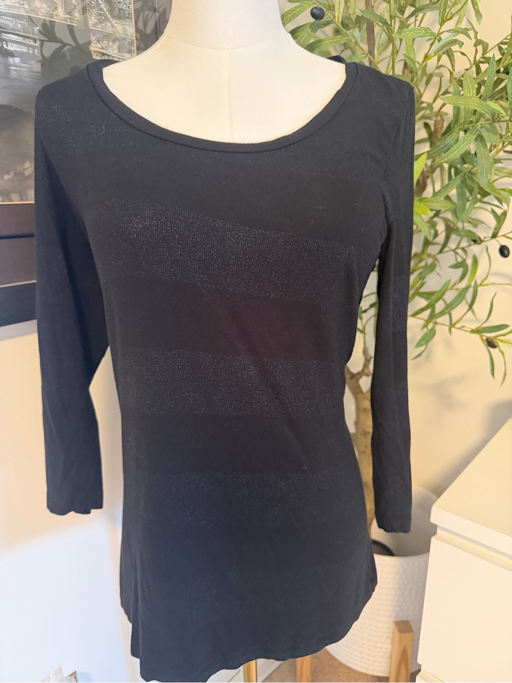 Joe Fresh Black Semi-Sheer Striped Long Sleeve Top Size Medium